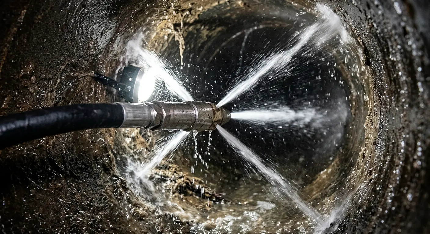 High-pressure hydro jetting nozzle cleaning sewer pipe for Trenchless Sewer Repair in Freehold