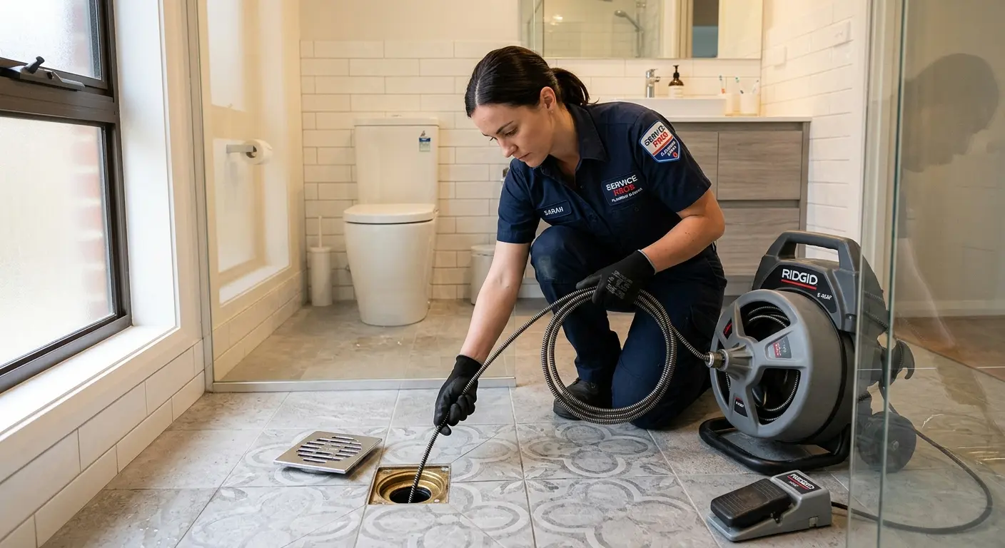 Technician clearing a bathroom floor drain for Drain Cleaning in Freehold